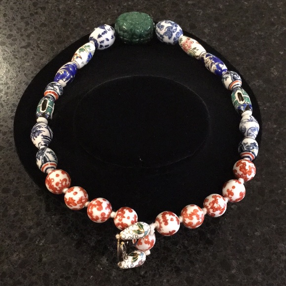 Vintage Caved Jade & Ceramic Painted Bead Necklace - Picture 7 of 16